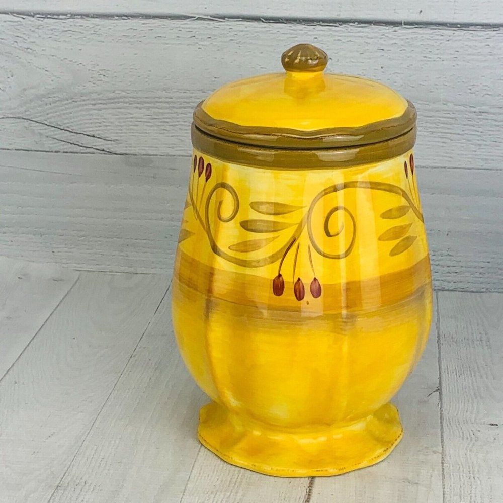 Gibson Verdona HERITAGE PARK Green Scroll Yellow Stoneware 11" Lidded Canister - Picture 3 of 10